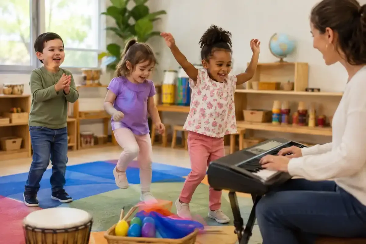 Preschool Children Dancing Together to Music