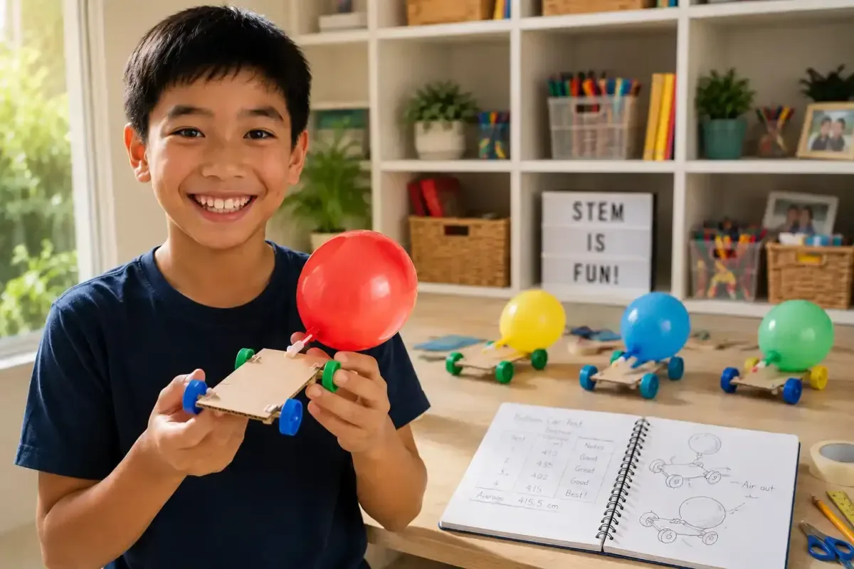 Proud young engineer with a finished balloon powered car