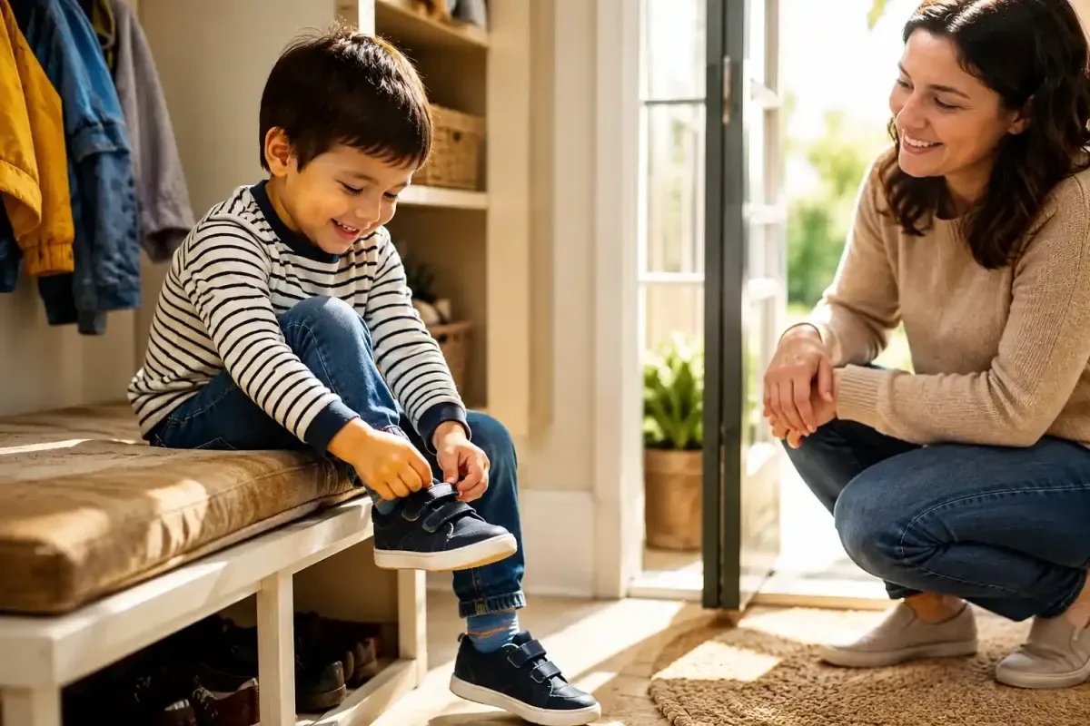 Smiling preschool child putting on shoes by themselves