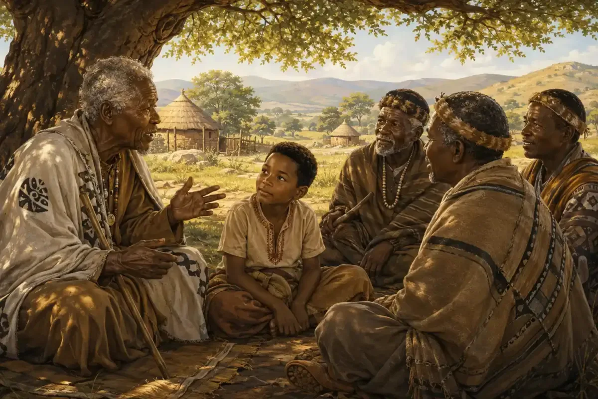 Young Nelson Mandela Listening to Elders in South Africa