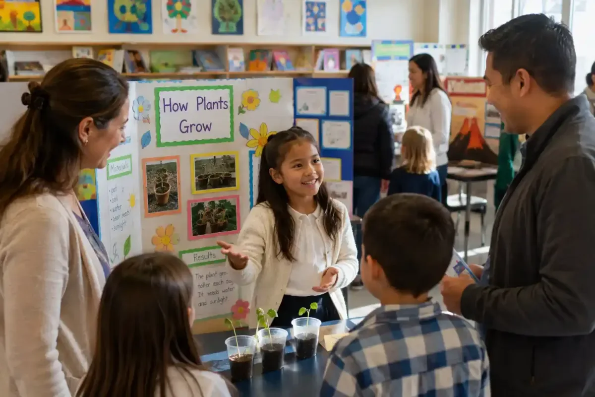 Young student confidently presenting a science project