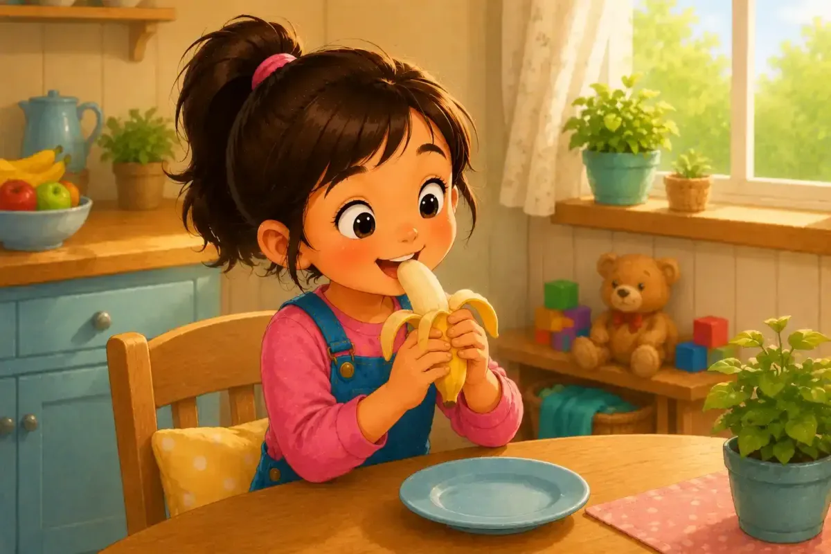 Happy Mia Eats Her Banana With Clean Hands