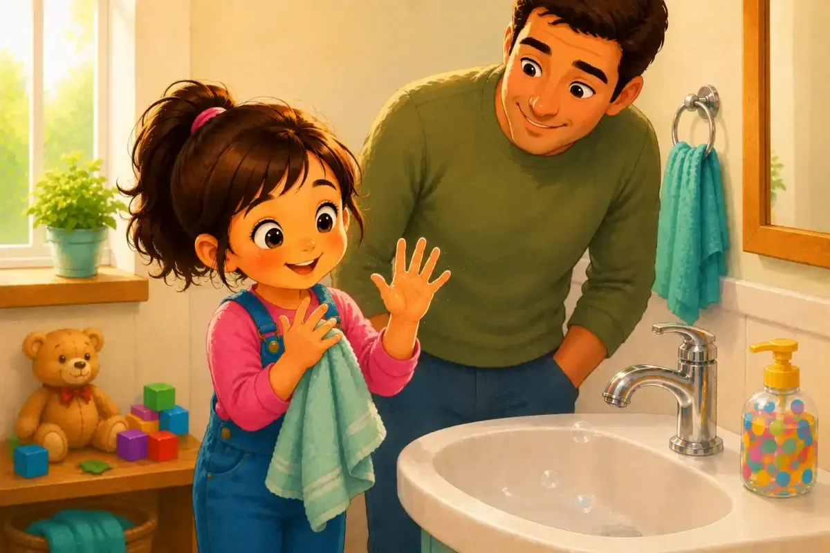 Mia Dries Her Clean Hands With a Towel