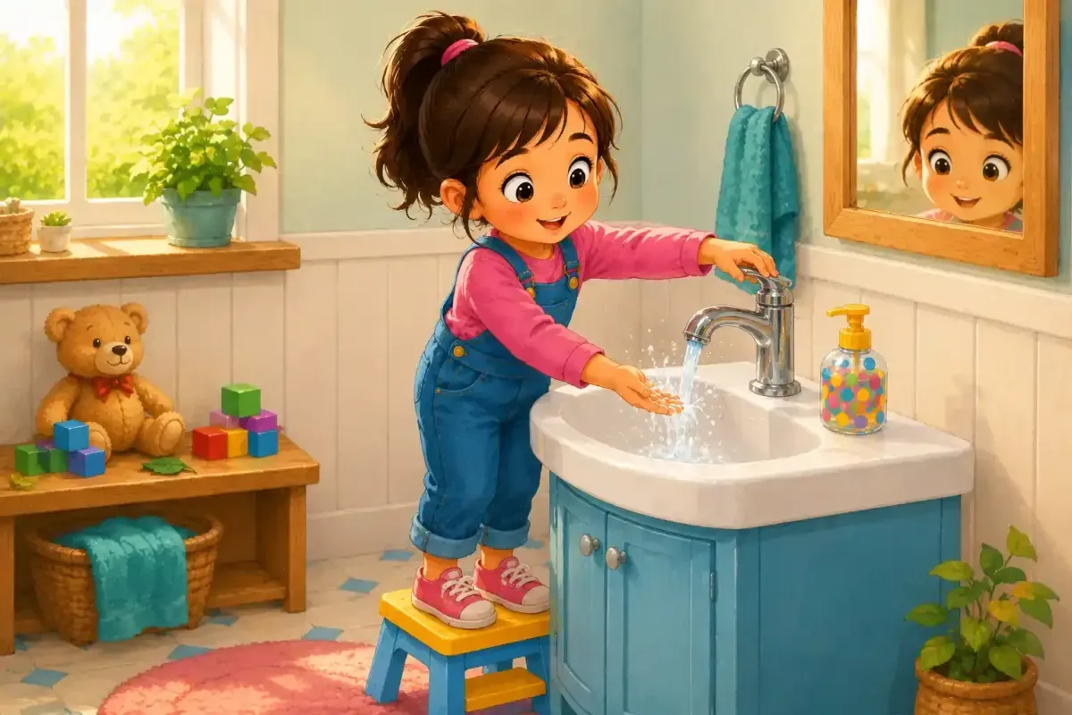 Mia Gets Her Hands Wet at the Sink