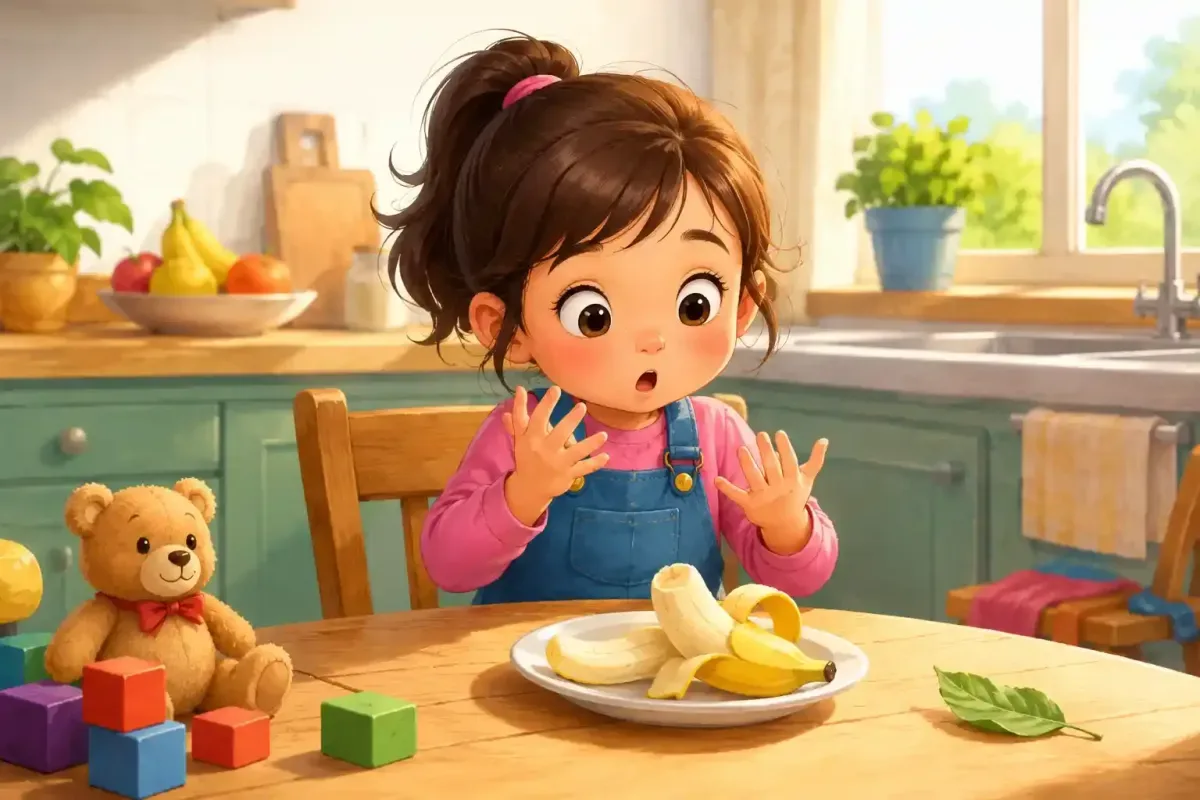 Mia Reaches for Her Banana at Snack Time