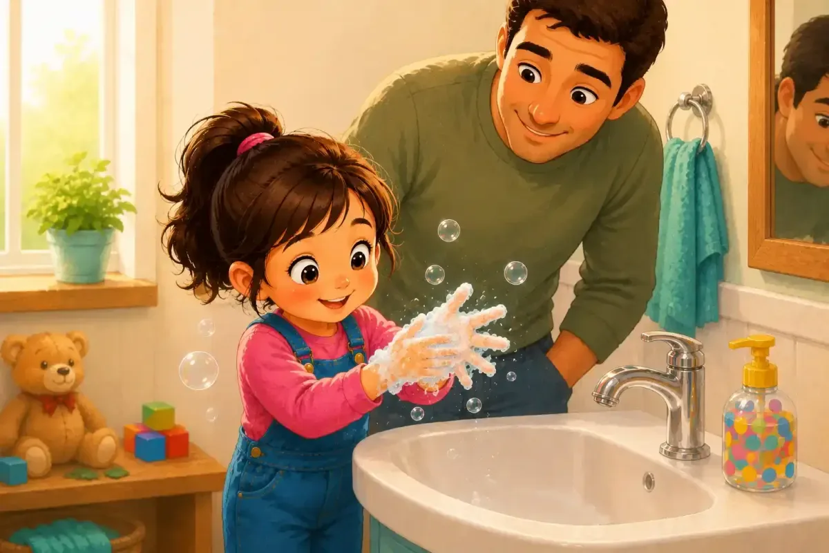 Mia Scrubs Her Hands With Soapy Bubbles