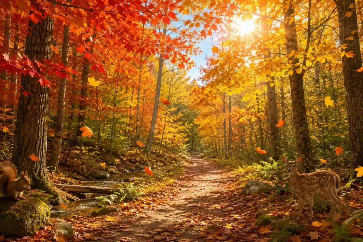 Bright autumn forest filled with red orange and yellow leaves
