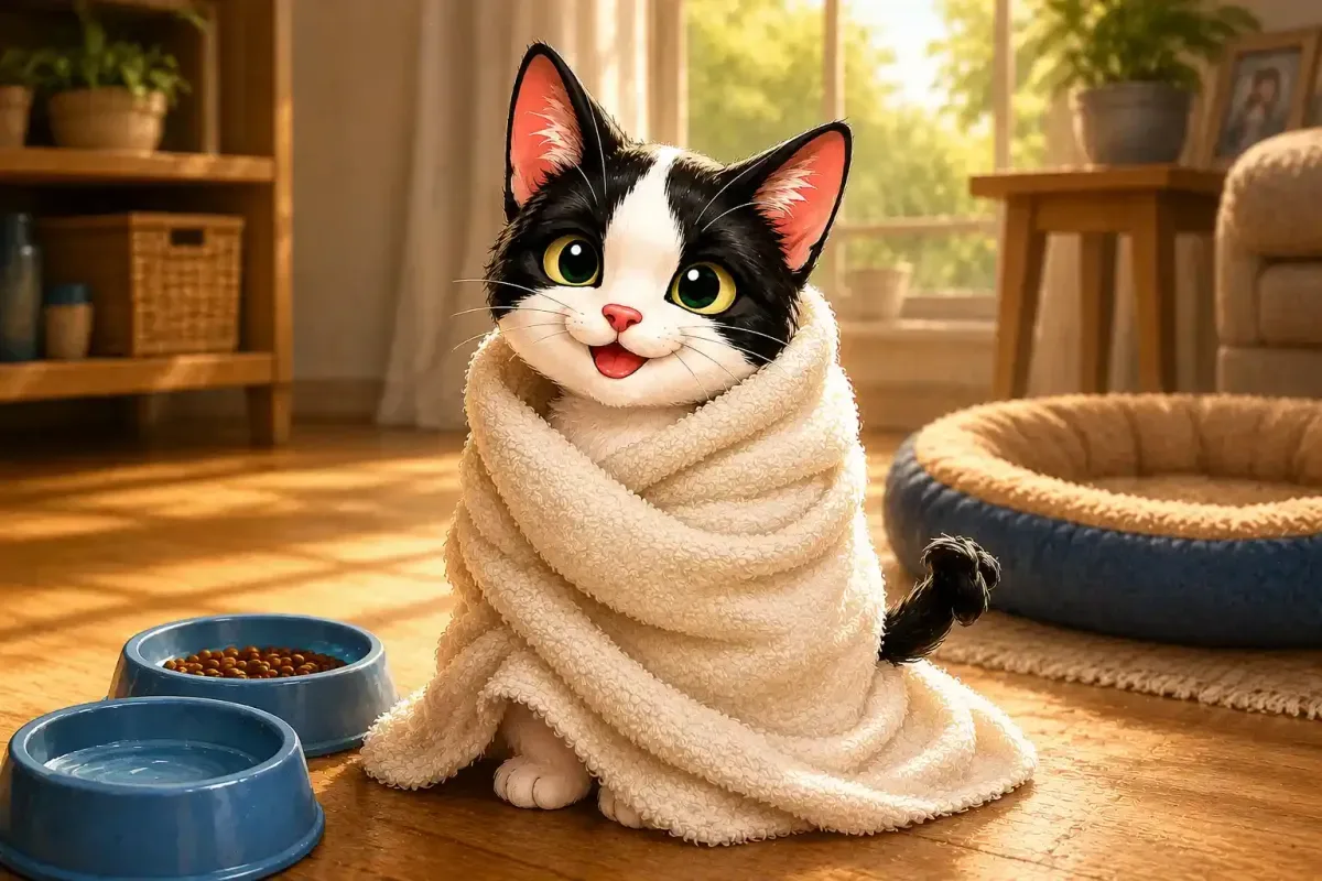 Chiki the tuxedo kitten after his first warm bath