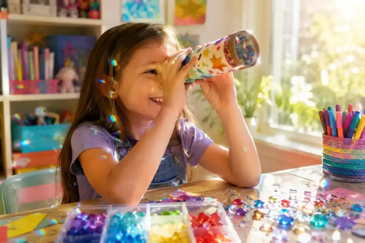 Child looking through a homemade kaleidoscope