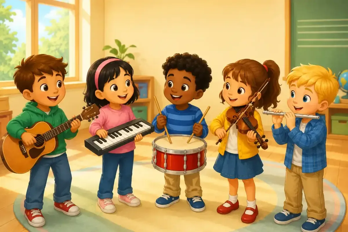 Children comparing different musical instruments in music class