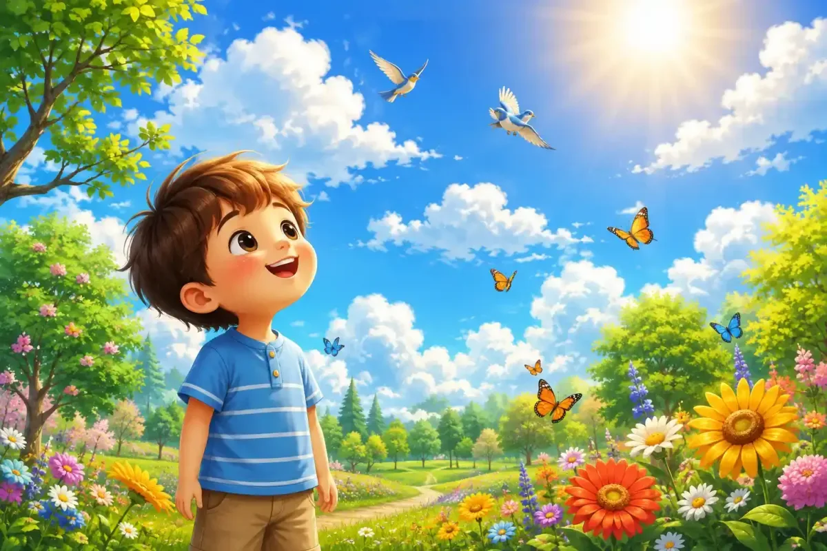 Happy Child Looking Up at a Bright Blue Sky