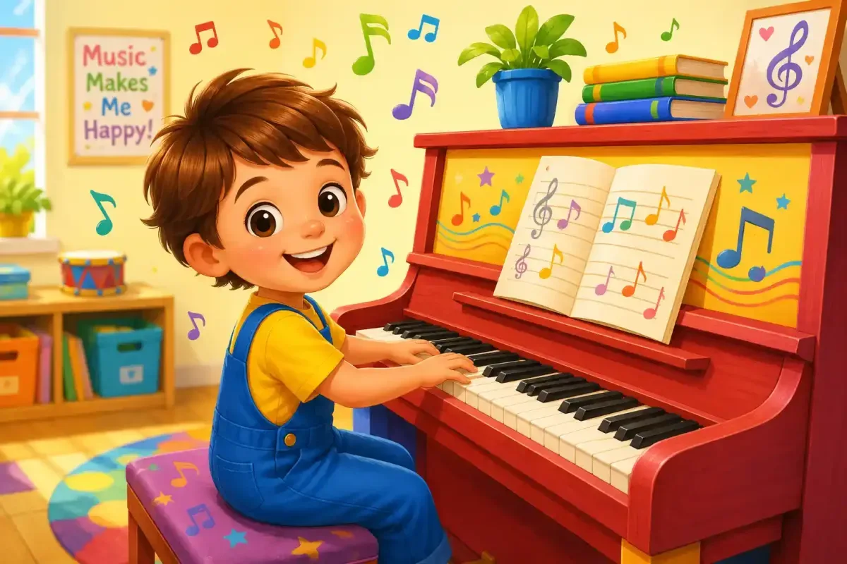 Happy child playing a colorful piano for the first time
