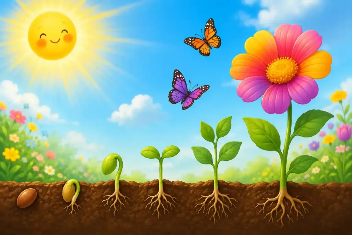 Happy little seed growing into a colorful flower under bright sunshine