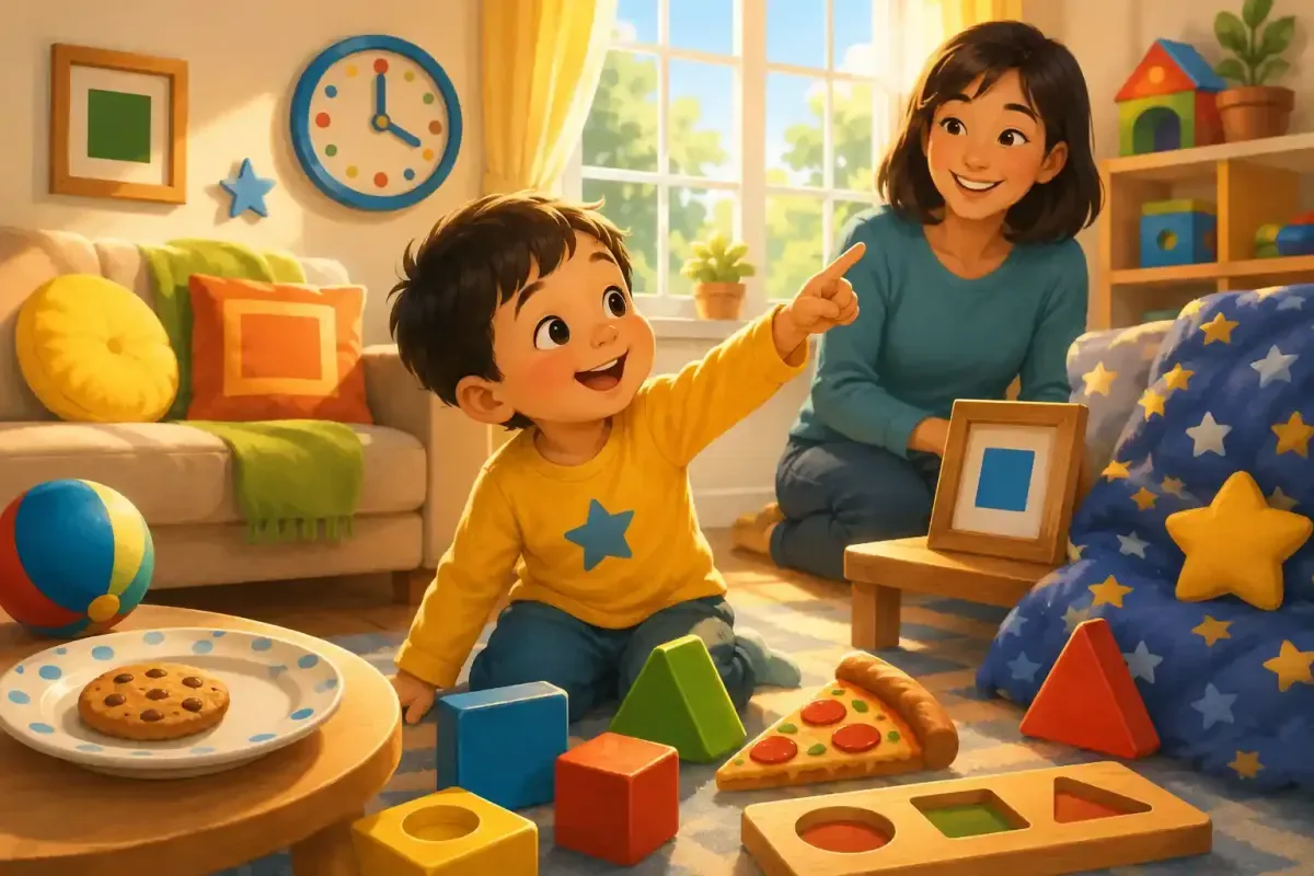 Happy preschool shape explorer discovering everyday shapes