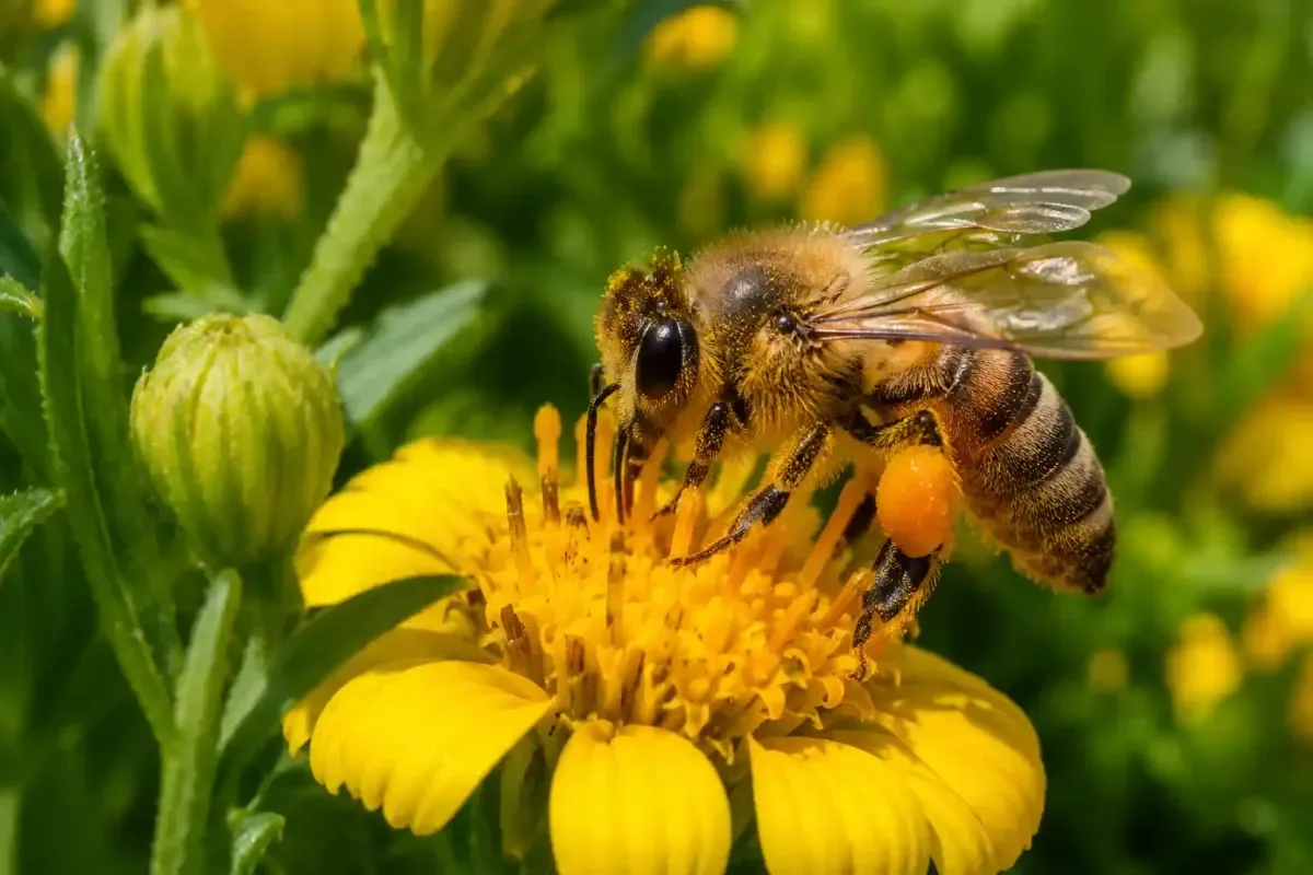 Honeybee collecting pollen from a bright yellow flower