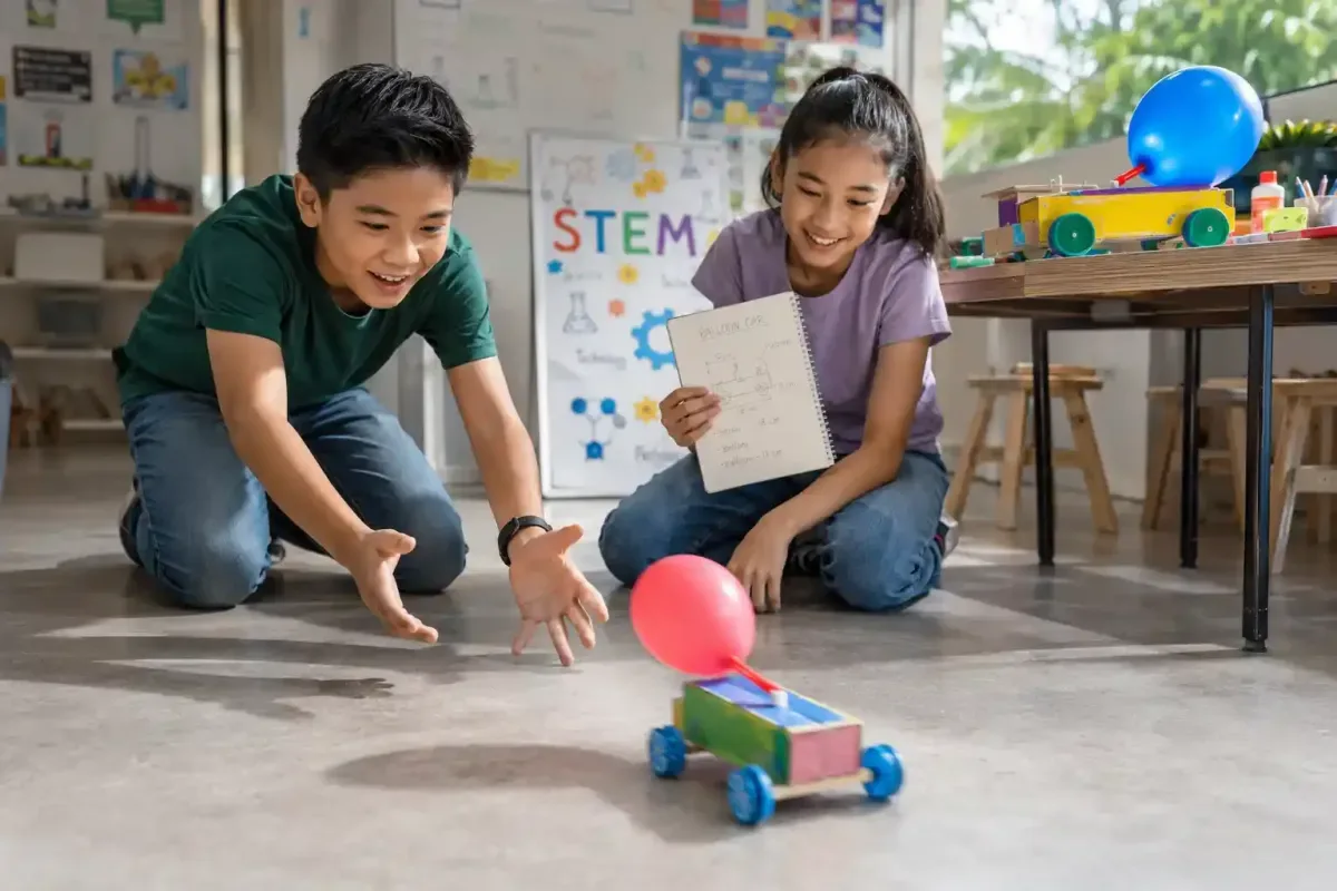 Kids testing a homemade balloon powered car