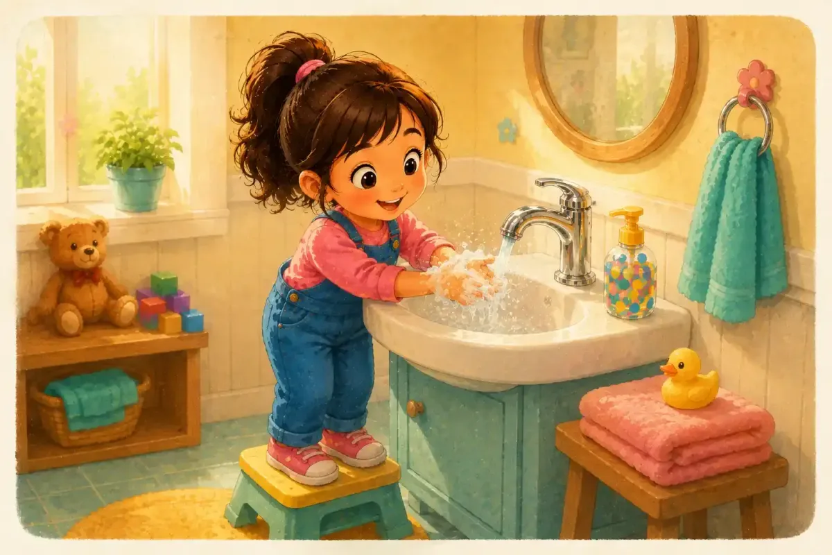 Little Girl Happily Washing Her Bubbly Hands