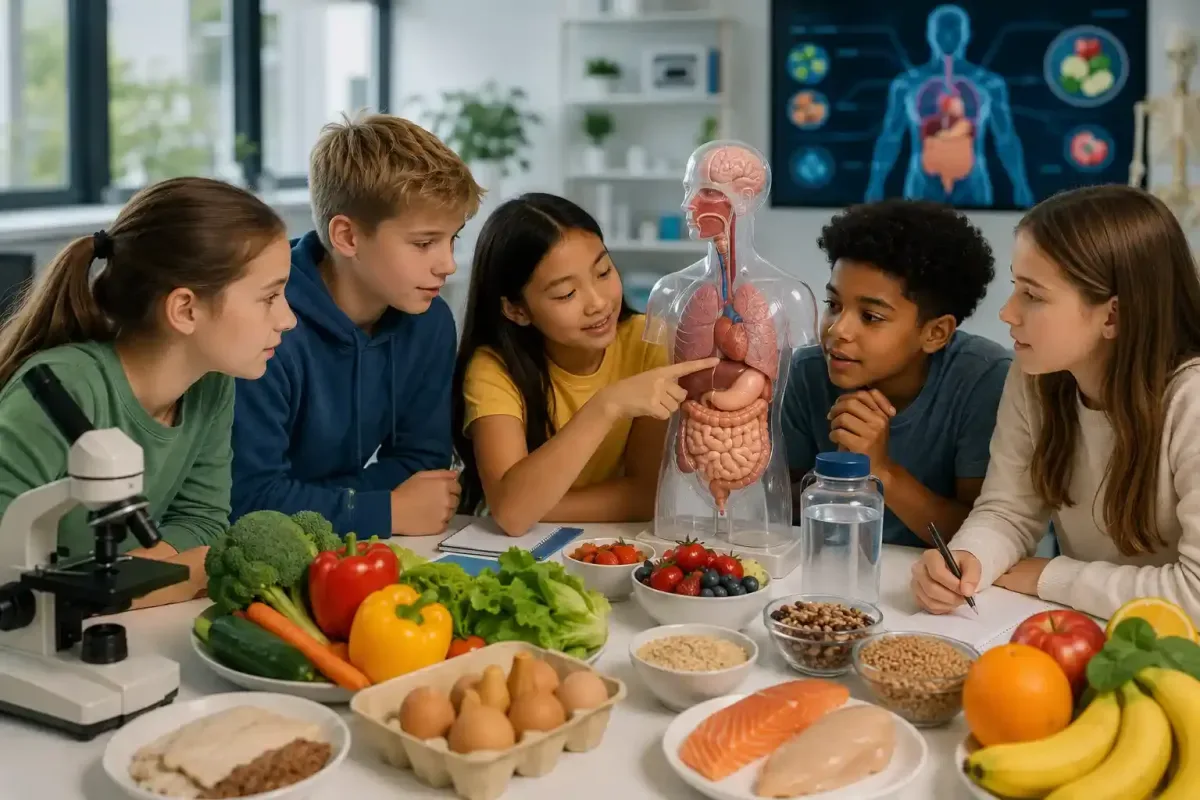 Older kids learning about healthy food science