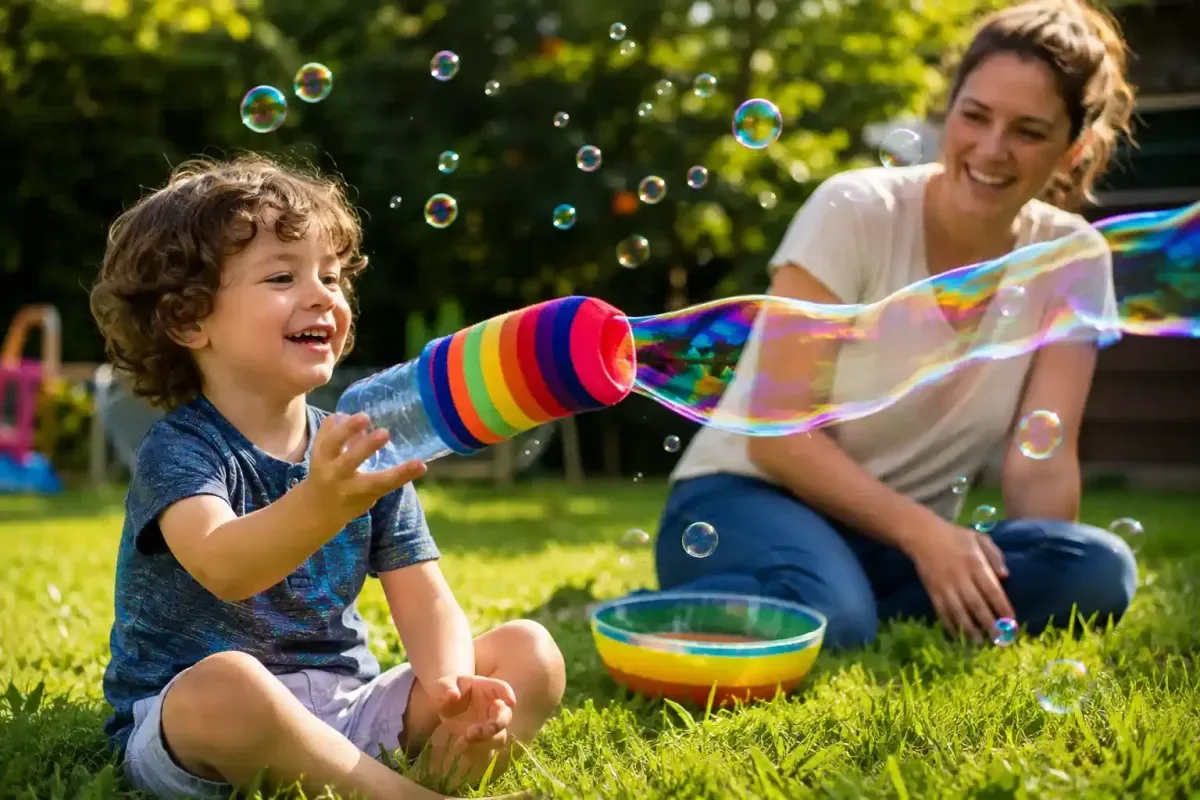 Preschool child making a rainbow bubble snake