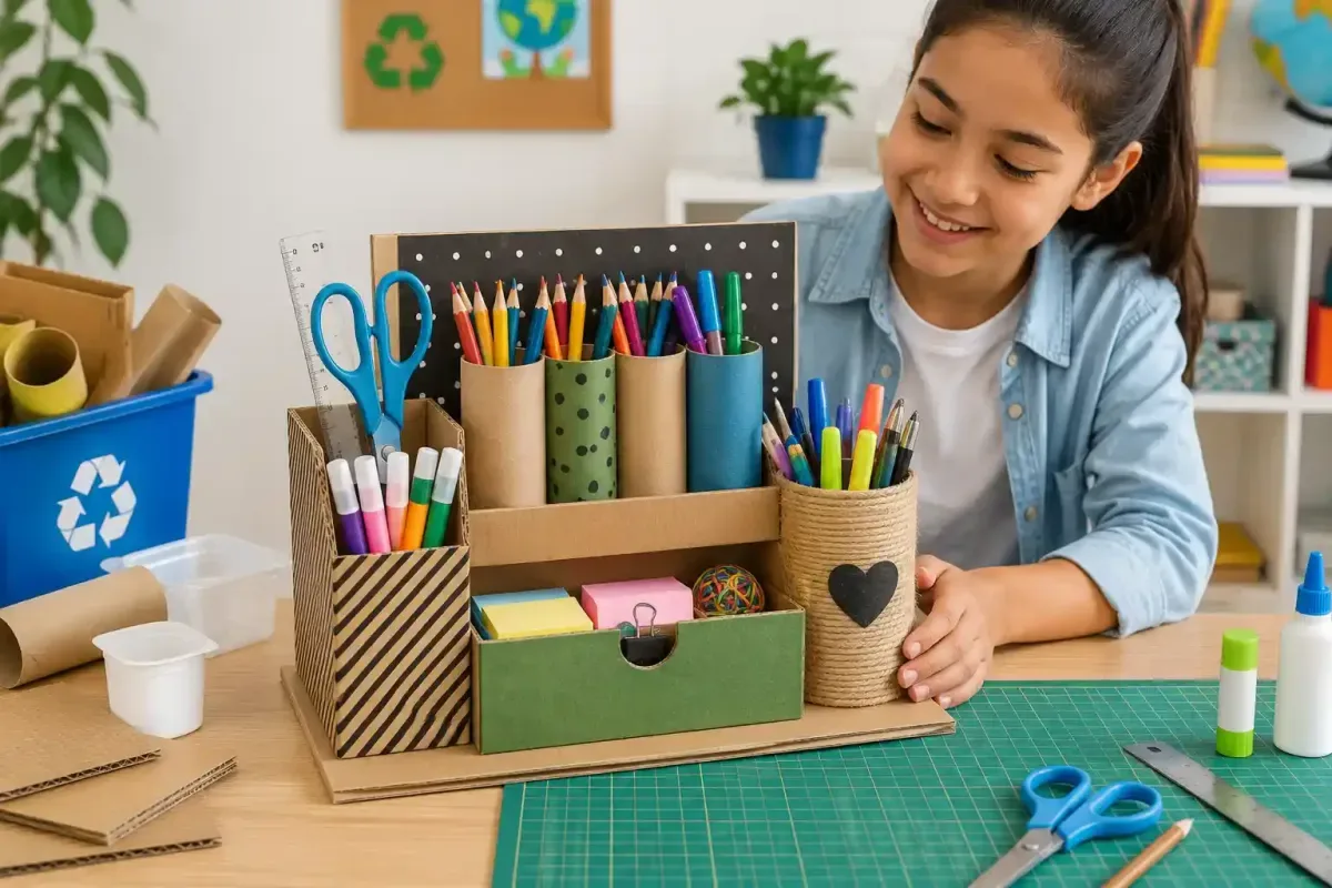 Student Building a Recycled Desk Organizer
