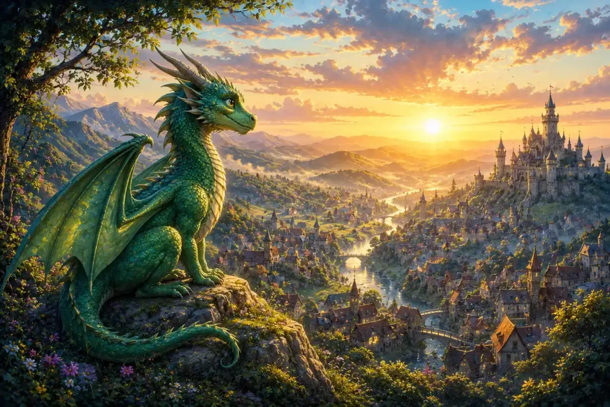 Young Dragon Looking Across a Quiet Kingdom