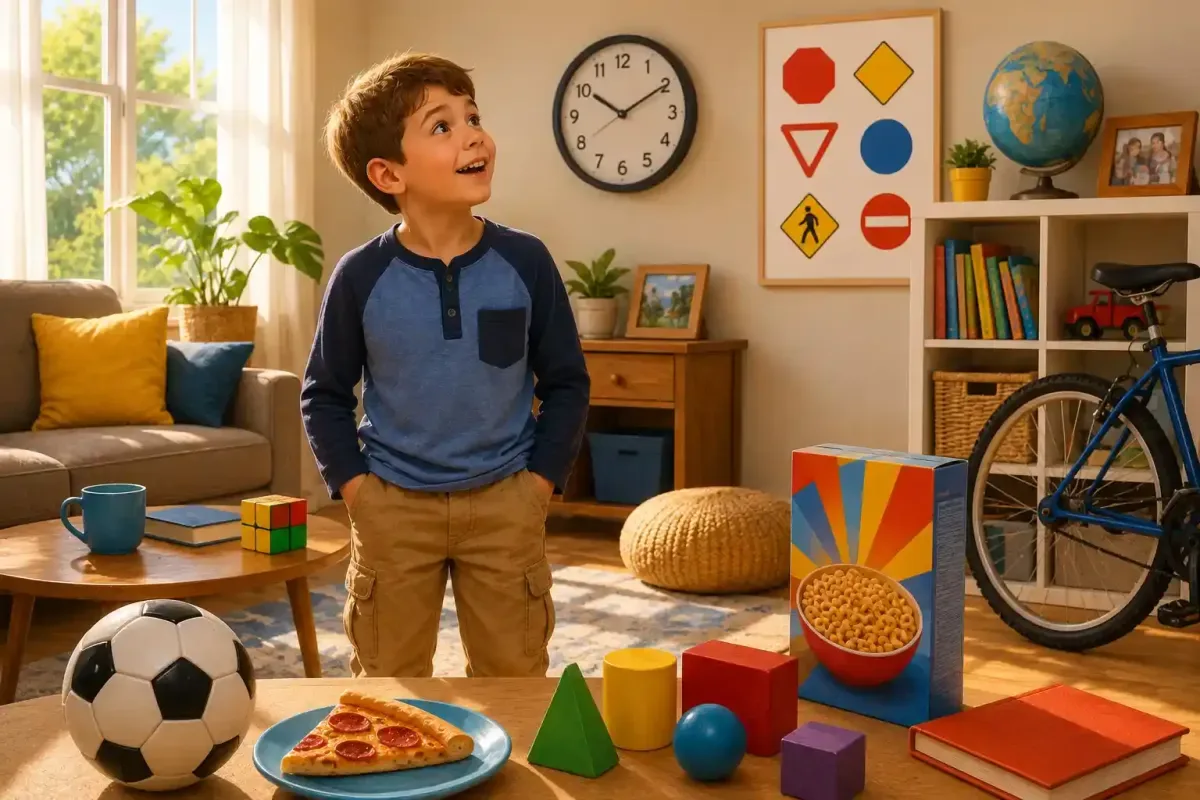 Young shape detective discovering shapes at home