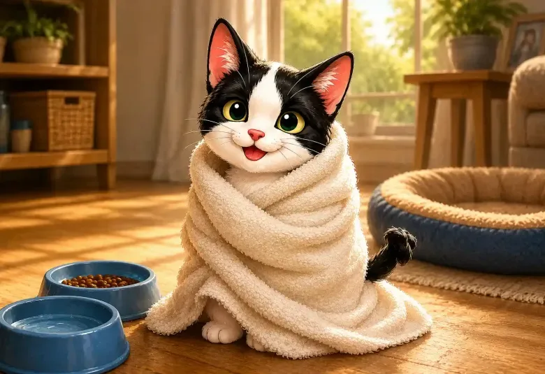 Chiki the tuxedo kitten after his first warm bath