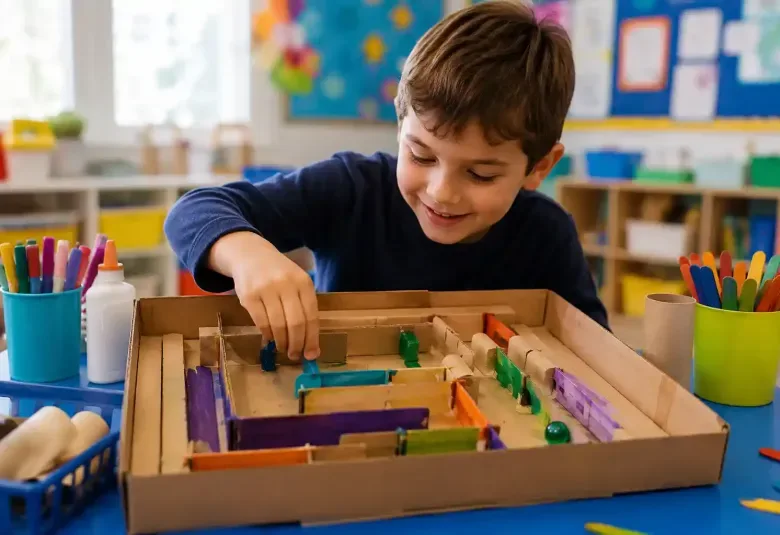 Child Building a Cardboard Marble Maze
