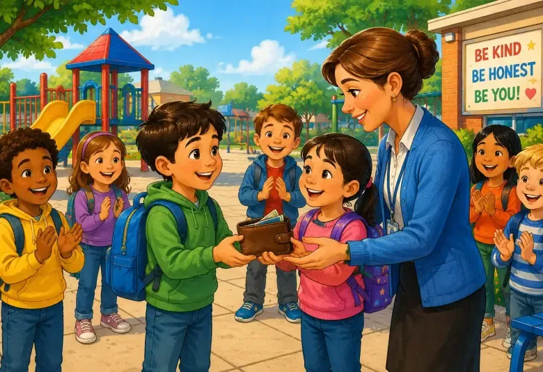 Children returning a lost wallet at school