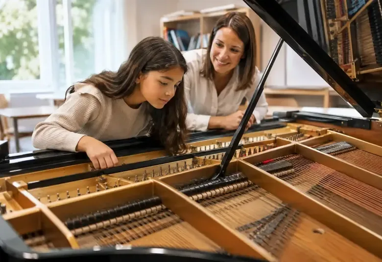 Curious preteen exploring the inside of a grand piano
