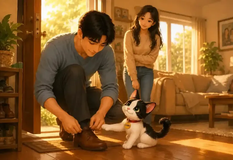 Daddy Puts on His Shoes While Chiki Waits by the Door
