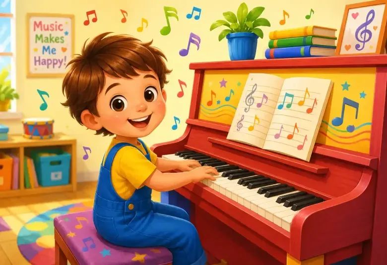 Happy child playing a colorful piano for the first time