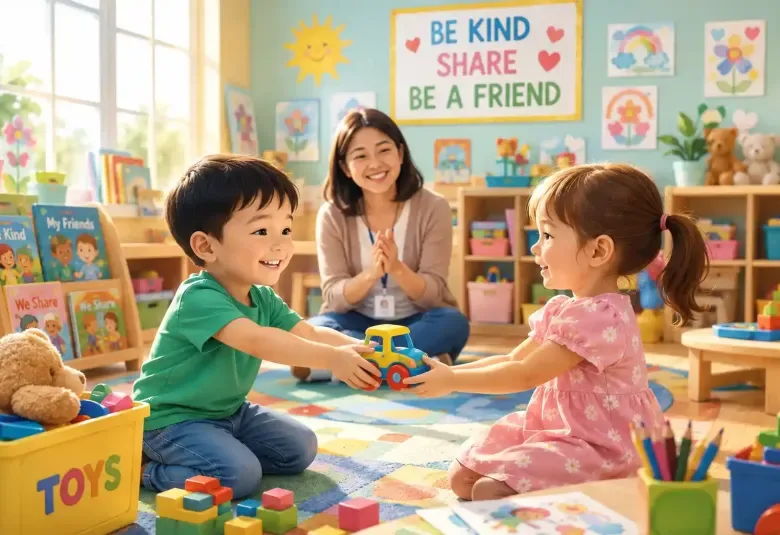 Happy child returning a lost toy to a friend