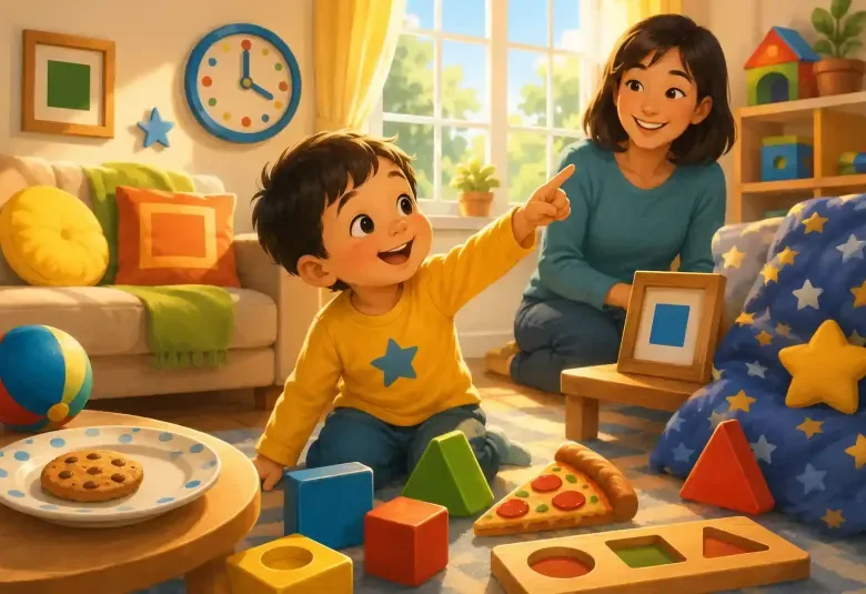 Happy preschool shape explorer discovering everyday shapes