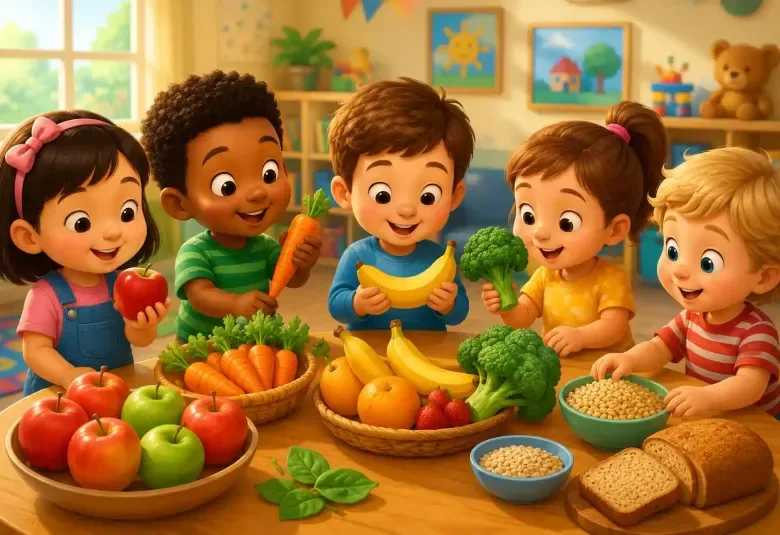 Happy young children exploring healthy foods