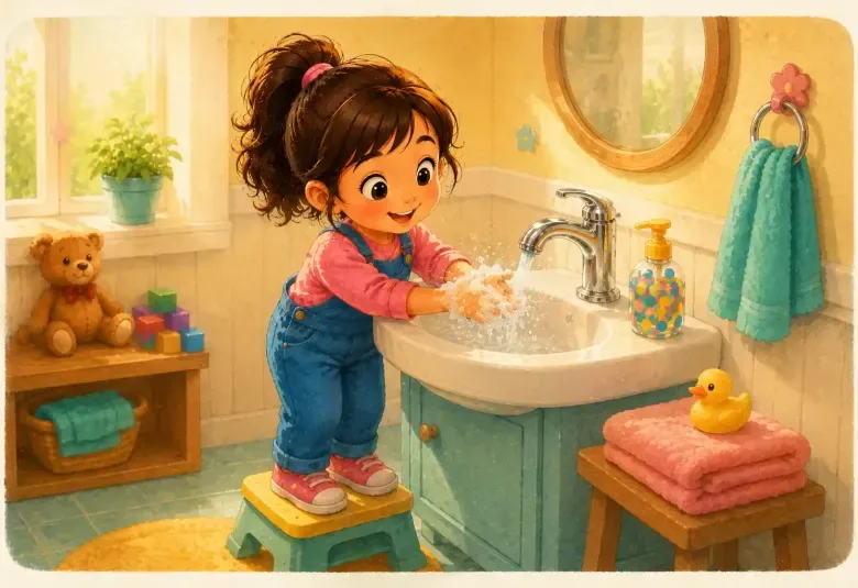 Little Girl Happily Washing Her Bubbly Hands