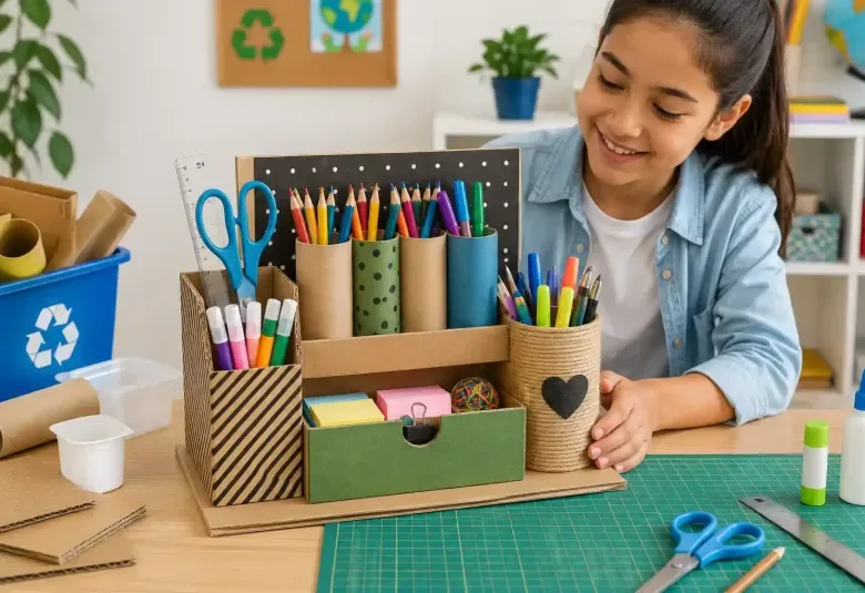 Student Building a Recycled Desk Organizer