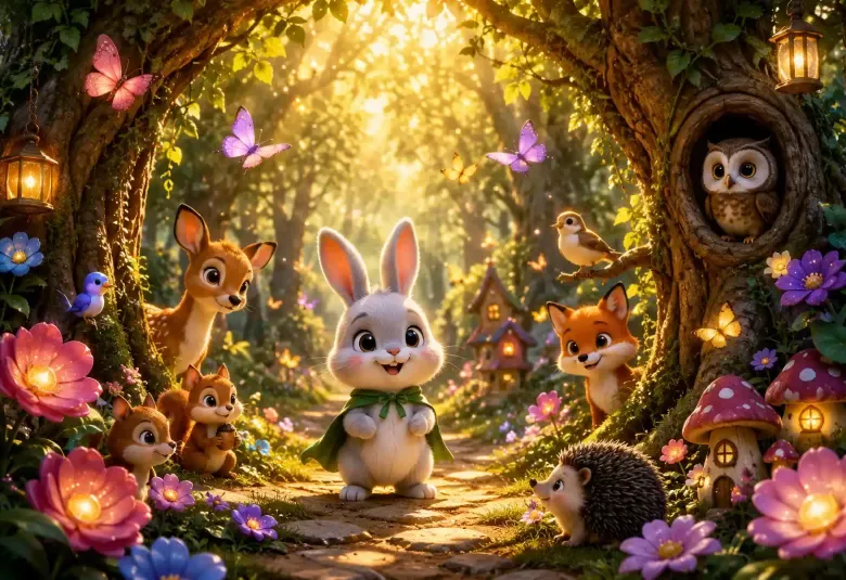 Tiny Bunny Standing Before an Enchanted Forest