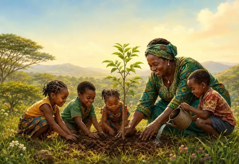 Wangari Maathai Planting a Tree With Children