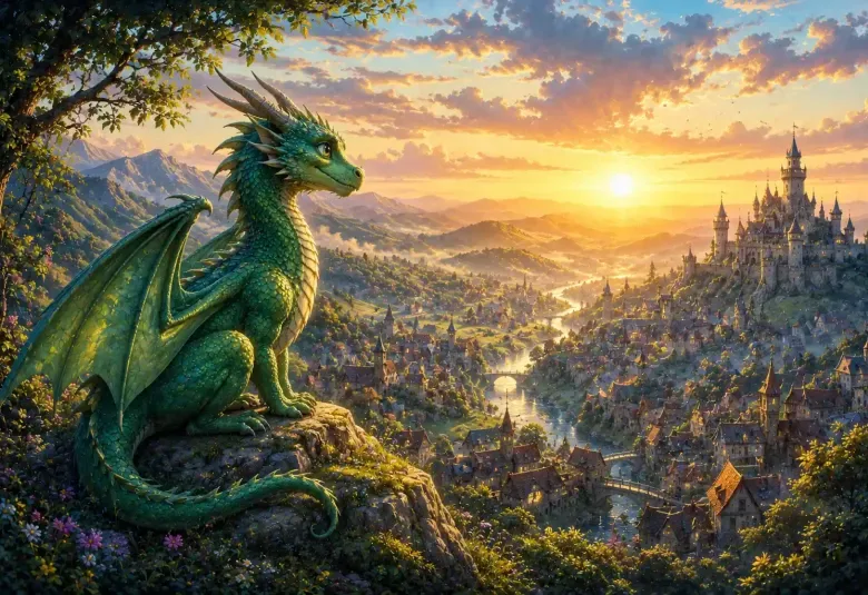Young Dragon Looking Across a Quiet Kingdom
