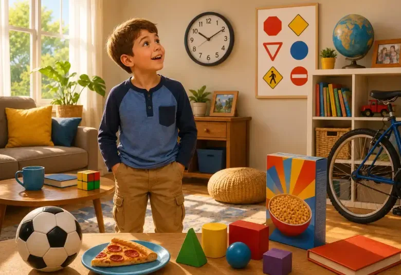 Young shape detective discovering shapes at home