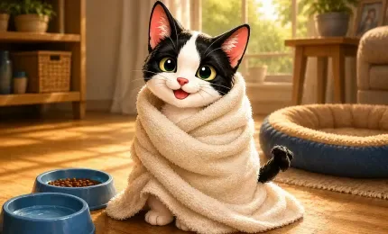 Chiki the tuxedo kitten after his first warm bath
