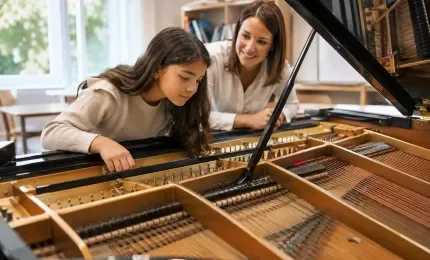 Curious preteen exploring the inside of a grand piano