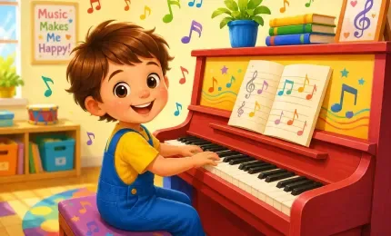 Happy child playing a colorful piano for the first time