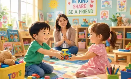 Happy child returning a lost toy to a friend