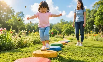 Happy preschool child taking brave little steps