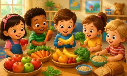 Happy young children exploring healthy foods