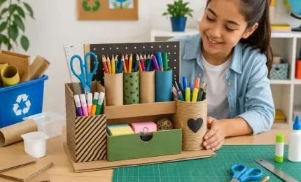 Student Building a Recycled Desk Organizer