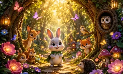 Tiny Bunny Standing Before an Enchanted Forest