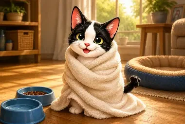 Chiki the tuxedo kitten after his first warm bath